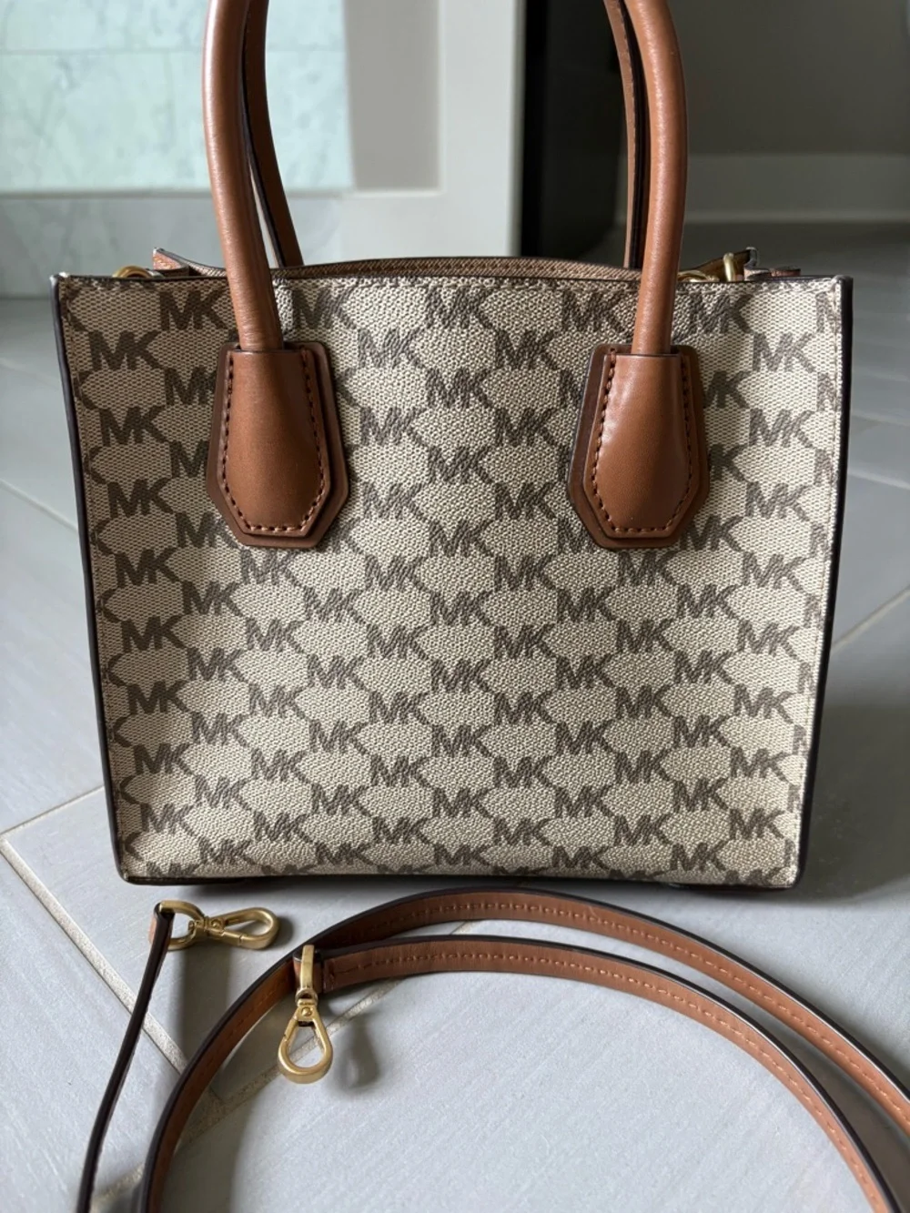 Michael Kors Medium Mercer Canvas Crossbody | Tan and Beige with Logo Print